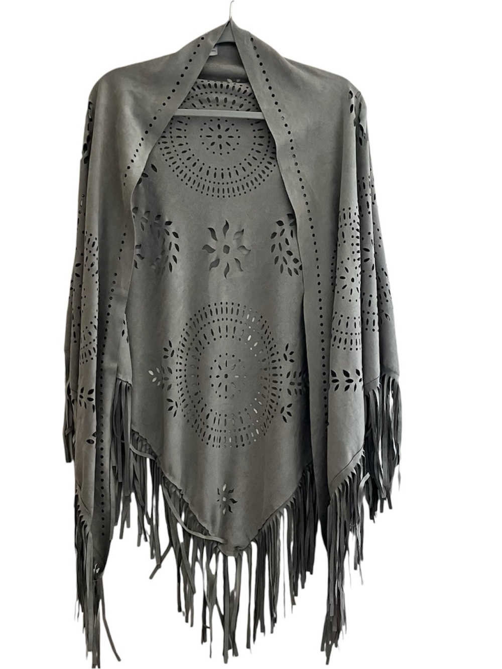 Maurices Women’s Gray Faux Suede Fringe OpenFront Shawl Cardigan Poncho,One Size